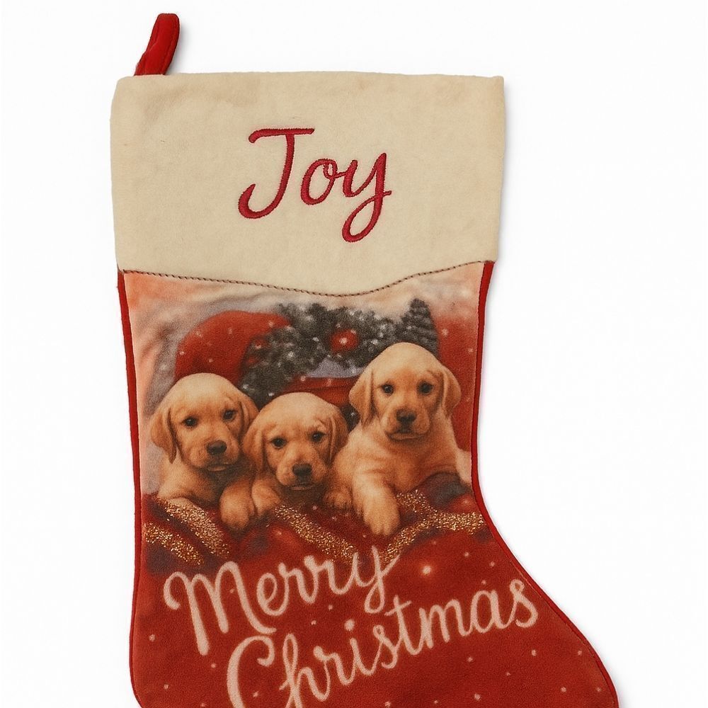 Joy Christmas Stocking Red White Puppy Labrador Dogs 18”